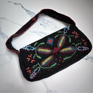 Christina Black Southwestern Beaded Shoulder Bag with Snap Closure